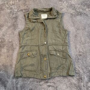 Mudd Women Olive Green Utility Vest Small Full Zip Snap Button Military Twill